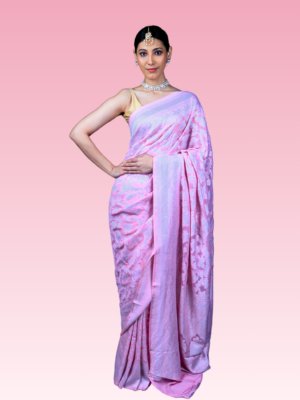 Pastel Pink Handwoven Pure Khaddi Georgette Banarasi Silk Saree