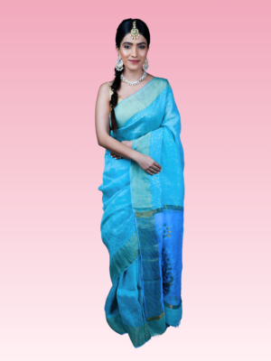 Ice Blue Pure Muslin Silk by Linen Handwoven Saree