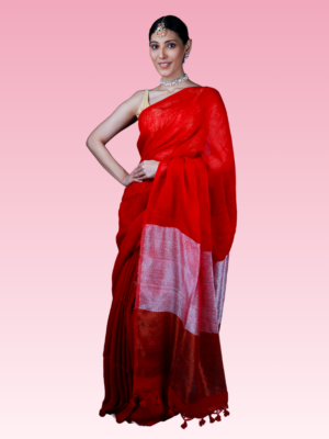 Red Linen Silver and Golden Zari Pallu Saree