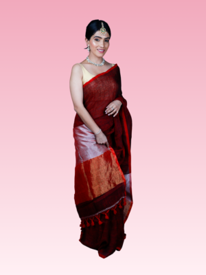 Blackish Maroon Linen Silver and Golden Zari Pallu Saree