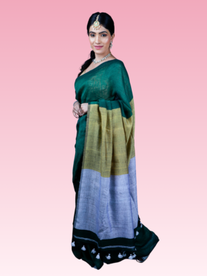 Bottle Green Handwoven Linen Saree