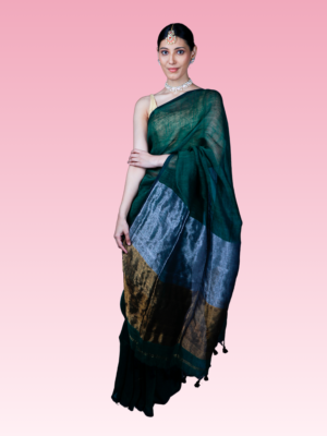 Bottle Green Linen Silver and Golden Zari Pallu Saree