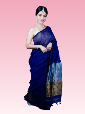 Royal Blue Linen Silver and Golden Zari Pallu Saree