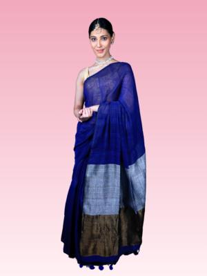 Deep Blue Linen Silver and Golden Zari Pallu Saree