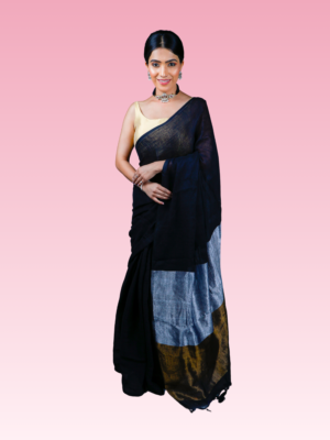 Black Linen Silver and Golden Zari Pallu Saree