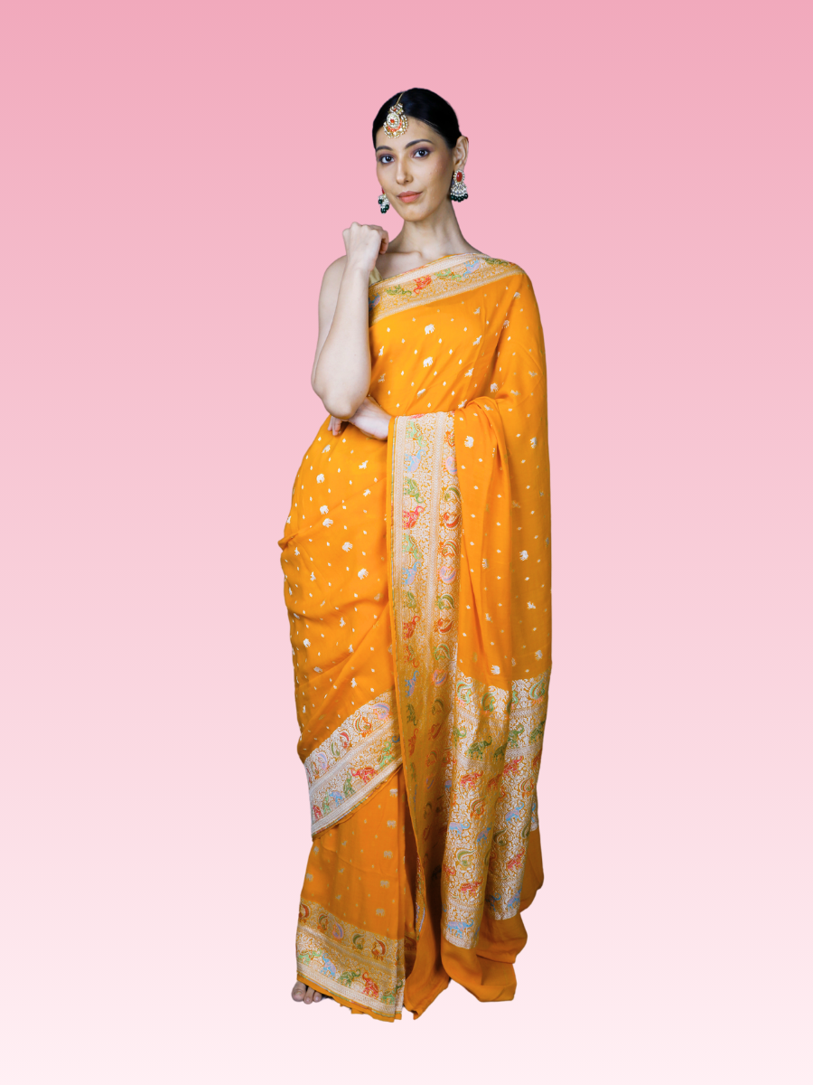 Mustard Yellow Pure Khaddi Georgette Banarasi Silk Saree
