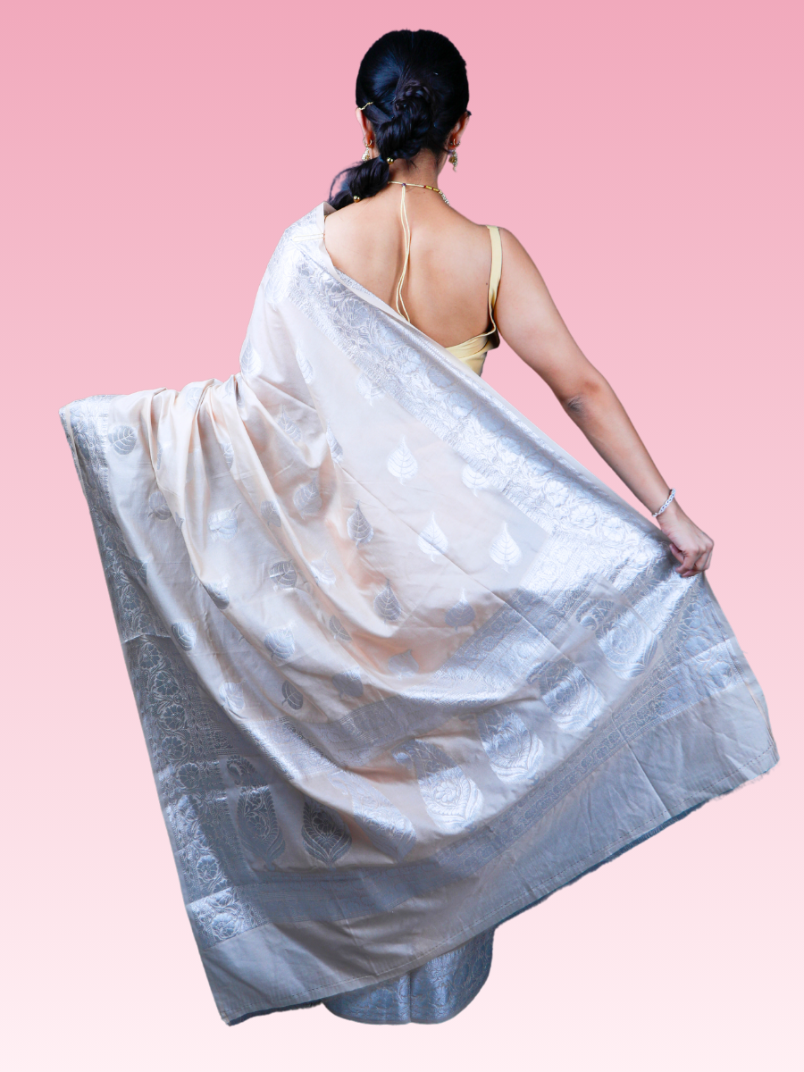Beige Silver Banarasi Weave Saree - Image 4