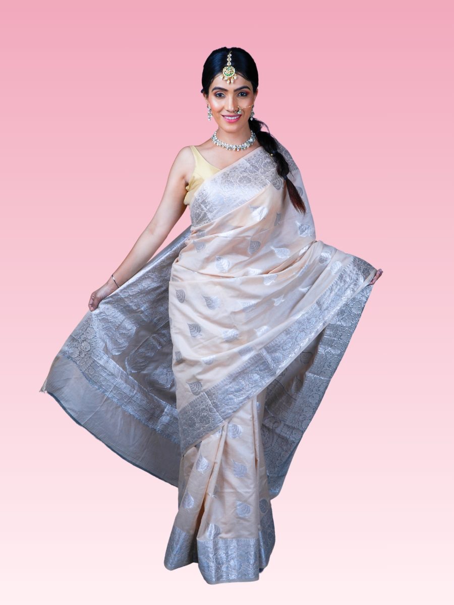 Beige Silver Banarasi Weave Saree