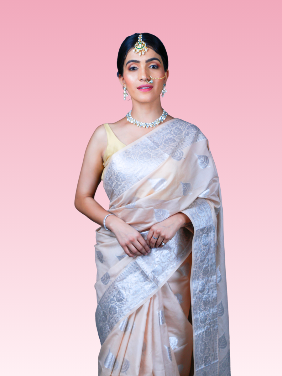 Beige Silver Banarasi Weave Saree - Image 3