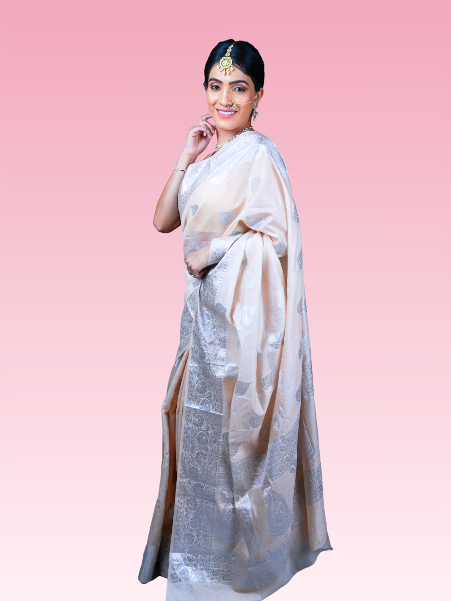 Beige Silver Banarasi Weave Saree - Image 2