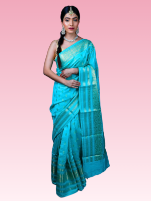 Firozi Blue Chiniya Katan Pure Banarasi Silk Saree