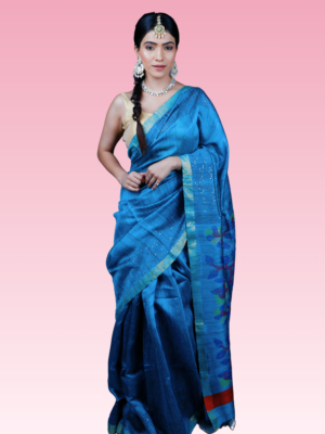 Cyan Blue Matka Silk Jamdani Saree
