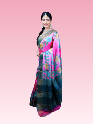 Pink Floral Tussar Silk Kalamkari Handwoven Saree
