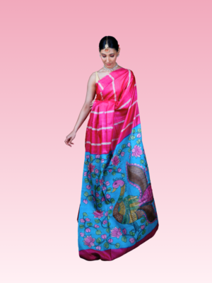 Mor Shibori Pink Tussar Silk Kalamkari Handwoven Saree