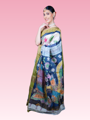 Cream Floral Tussar Silk Kalamkari Handwoven Saree