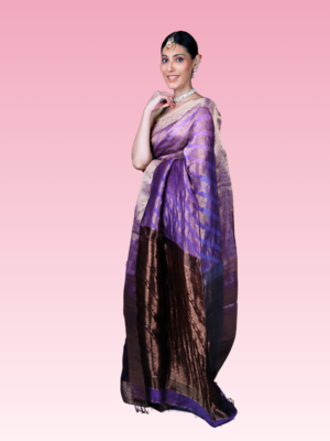Mauve Pure Muslin Silk By Linen Banarasi Handwoven Saree
