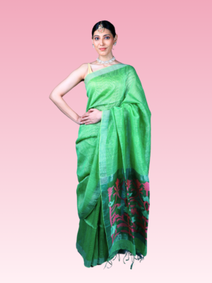 Neon Green Self Stripes Pure Muslin Silk by Linen Handwoven Saree