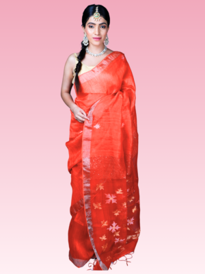 Red Sitara Pure Muslin Silk by Linen Handwoven Saree