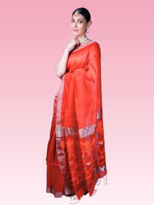 Neon Red Pure Muslin Silk by Linen Handwoven Saree