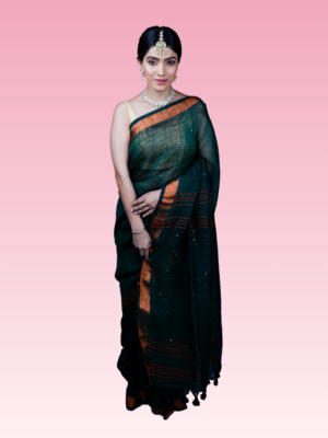 Bottle Green Linen Sequins Handwoven Saree