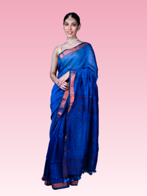 Cyan Blue Linen Sequins Handwoven Saree