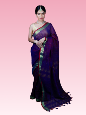 Deep Purple Linen Sequins Handwoven Saree