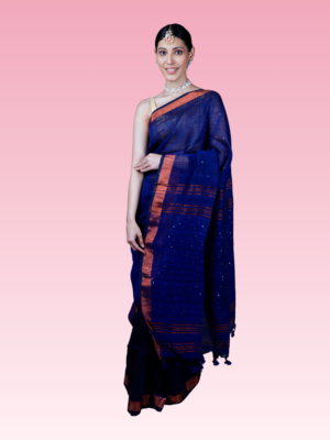 Midnight Blue Linen Sequins Handwoven Saree