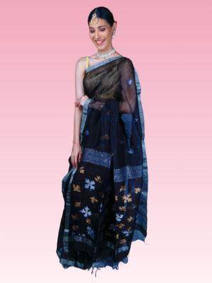 Black Sitara Pure Muslin Silk by Linen Handwoven Saree