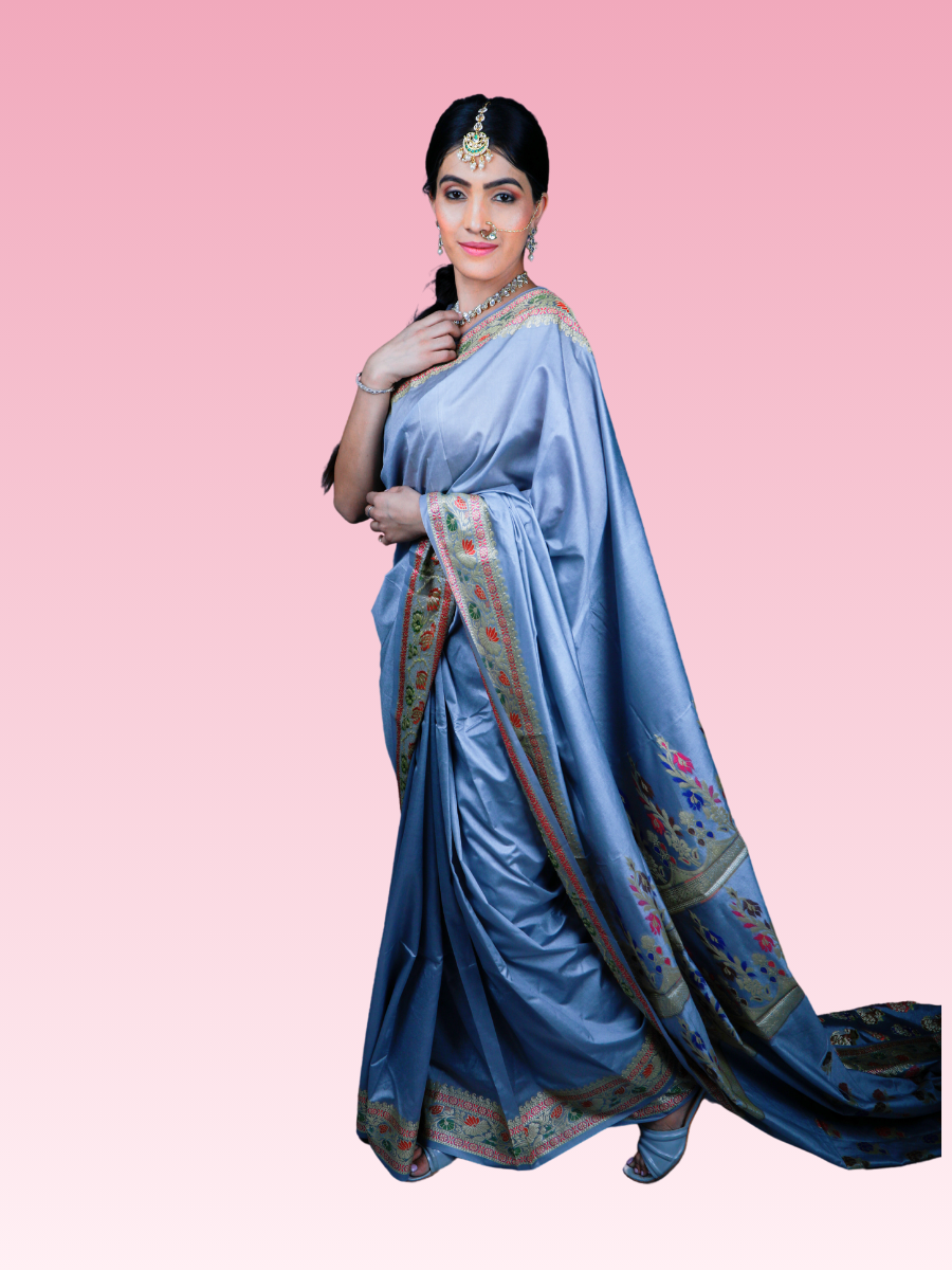 Moonlight Grey Paithani Silk Saree