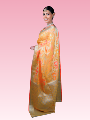 Yellow Kota Phool Paan Jaal Banarasi Saree