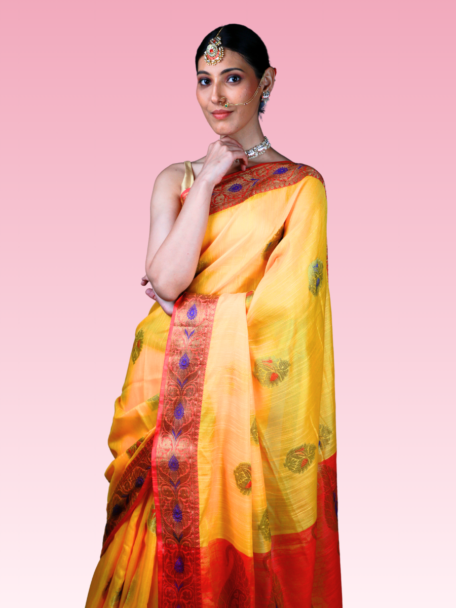 Yellow Munga Banarasi Silk Saree - Image 2