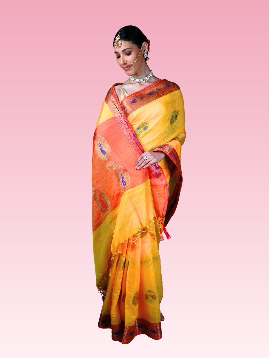 Yellow Munga Banarasi Silk Saree - Image 3