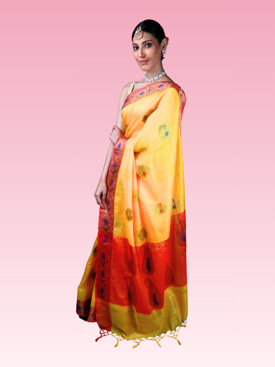 Yellow Munga Banarasi Silk Saree - Image 4