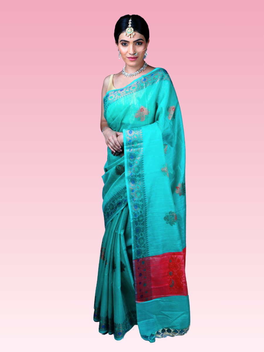 Ice Blue Munga Banarasi Silk Saree