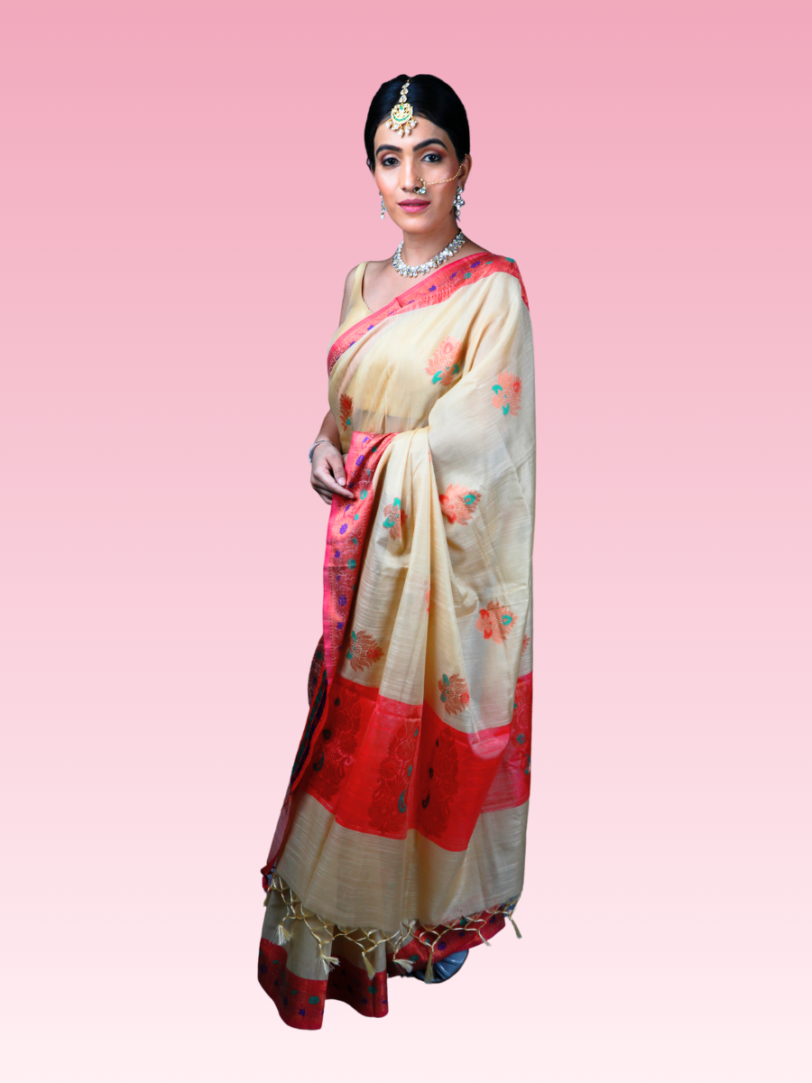 Beige Munga Banarasi Silk Saree - Image 2