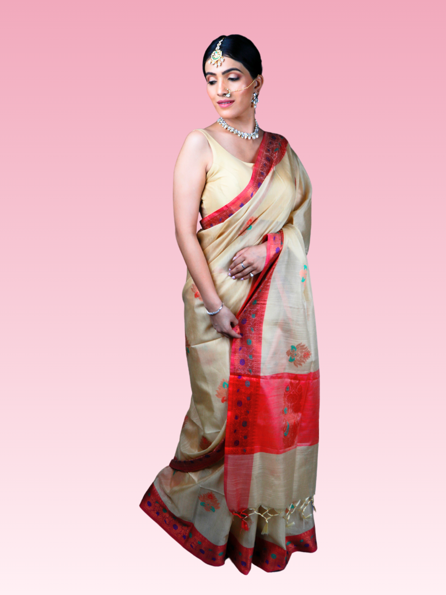 Beige Munga Banarasi Silk Saree