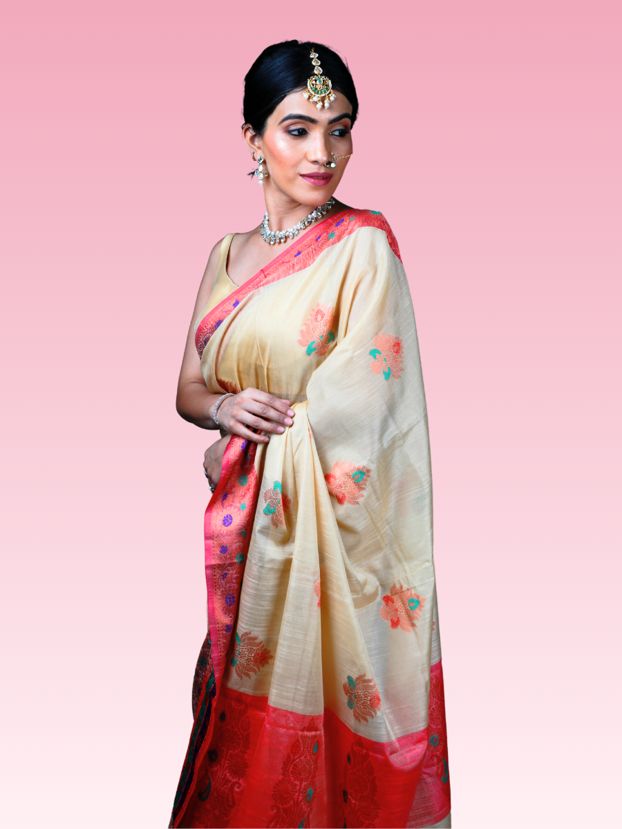Beige Munga Banarasi Silk Saree - Image 3