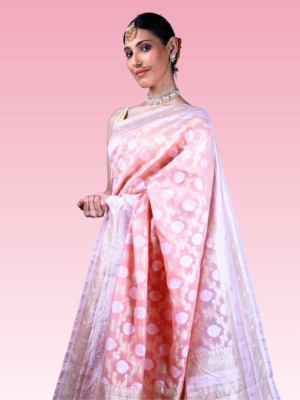 Peach Chanderi Cotton Banarasi Jaal Saree