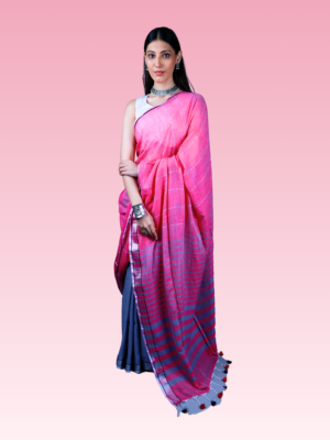 Pink and Grey Sequins Mul Cotton Saree
